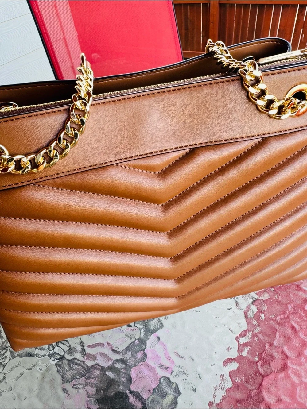 Michael Kors Brown Leather Shoulder Bag with Gold Accents